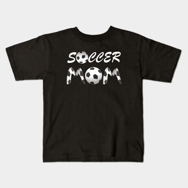 Soccer Mom with Soccer Balls and Black and White Soccer Patterned Letters (Black Background) Kids T-Shirt by Art By LM Designs 